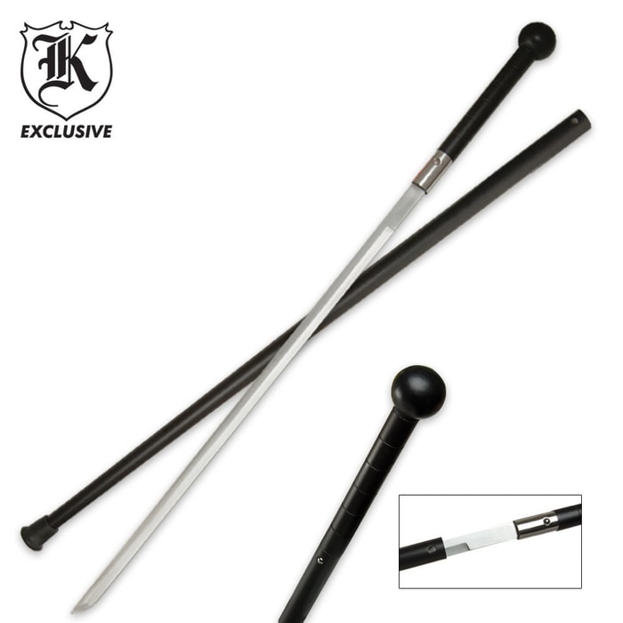 K Exclusive black wood sword cane shown with blade laid atop the black cane and with detailed view of the handle. 
