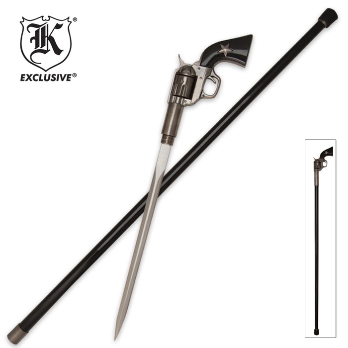 K Exclusive sword cane with a blade handle modeled after a revolver fits into a black cane. 