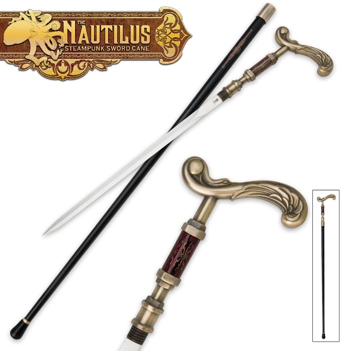 The Nautilus Steampunk Sword Cane shown from various views, including with sword outside of cane shaft and detailed handle shot. 