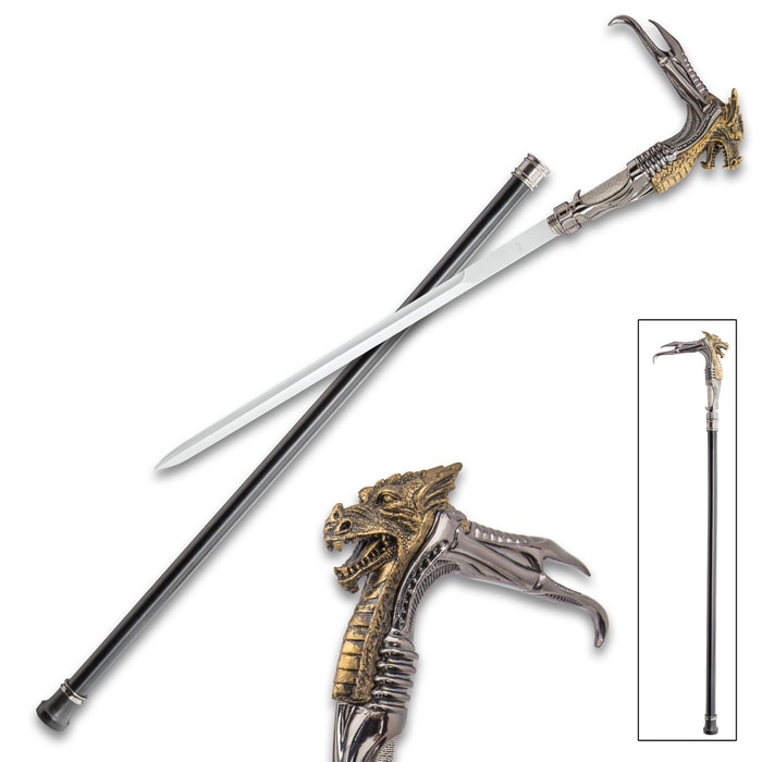 Dragon Head Fantasy Sword Cane - Stainless Steel Blade, Sculpted Resin And Metal Handle, No-Slip Toe, Aluminum Shaft - Length 36 3/4”