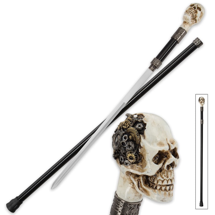 Gizmo Gearhead Sword Cane with Steampunk-Style Gear-Brained Resin Skull Handle