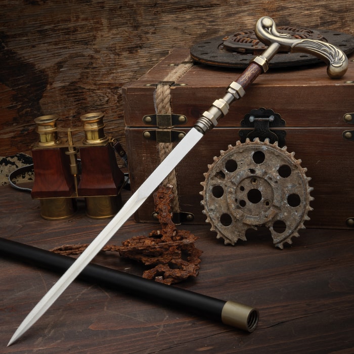Full image of the Steampunk Swagger Stick Sword Cane and sheath.