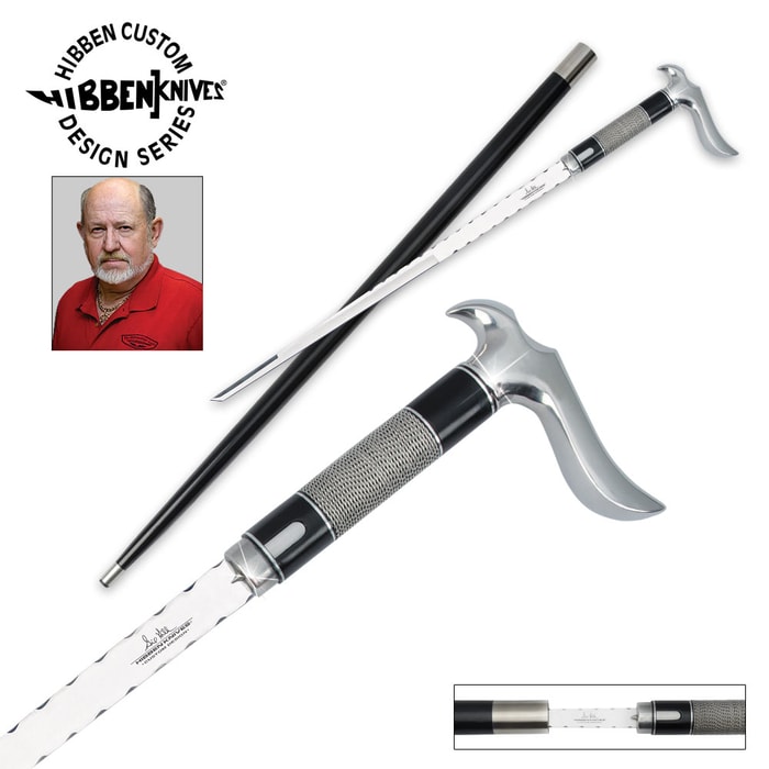 Gil Hibben custom hook sword cane shown atop scabbard and with detailed look at the handle adjacent to a photo of Gil Hibben. 
