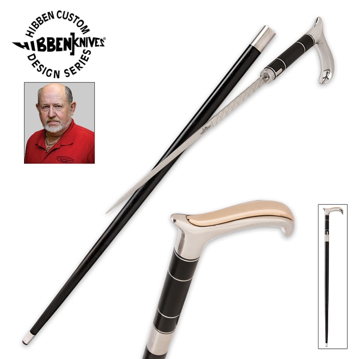 Gil Hibben Old West Custom Sword Cane shown in full next to Gil Hibben’s head shot with detailed look at the handle. 