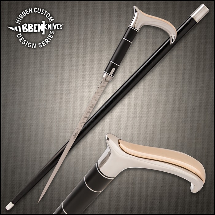 Gil Hibben Old West Custom Sword Cane shown in full next to Gil Hibben’s head shot with detailed look at the handle. 