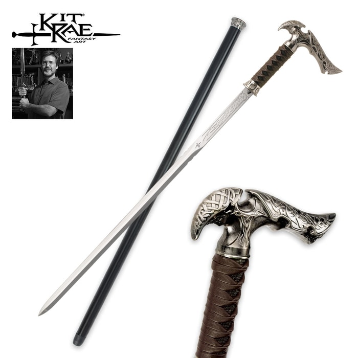 Kit Rae Axios forged sword cane shown in full next to cane scabbard and with detailed view of the intricate cast metal handle. 