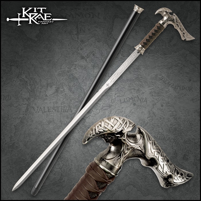 Kit Rae Axios forged sword cane shown in full next to cane scabbard and with detailed view of the intricate cast metal handle. 