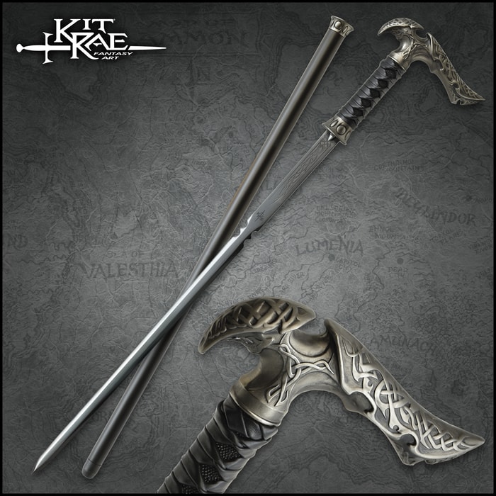 The Kit Rae Black Axios Sword Cane has a carbon steel blade