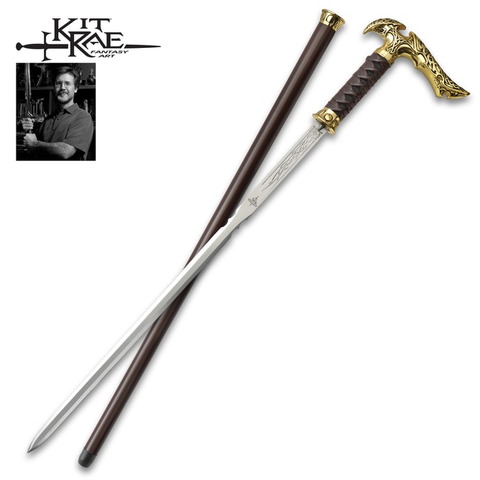 Full image of the Kit Rae Axios Gold Forged Sword Cane and scabbard.