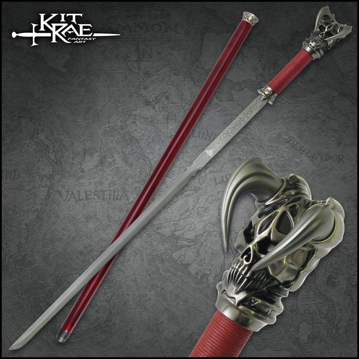 Kit Rae Vorthelok Sword Cane shown in full adjacent to Kit Rae’s head shot and zoomed view of the sword’s horned skull pommel. 