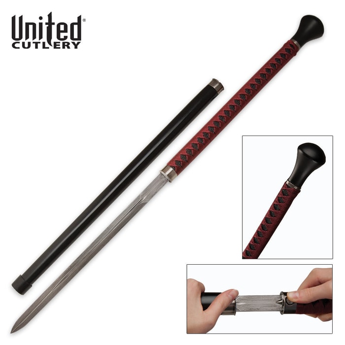 United Cutlery Forged Ball Sword Cane Black Red Damascus