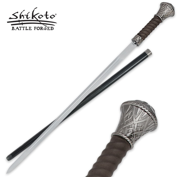Shikoto sword cane has a wooden cane scabbard and detailed cast pommel. 