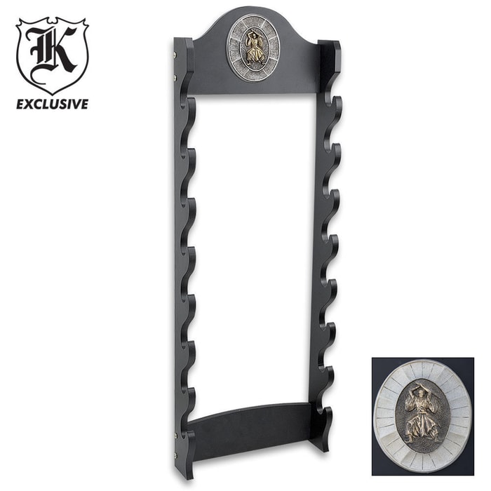 K exclusive black wood eight sword wall display with notches for showcasing swords with a cast resin Samurai medallion at the top.