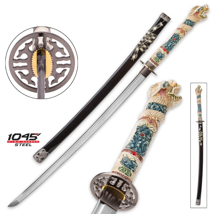 Highlander Open Mouth Dragon Katana with Black Lacquered Saya - 1045 High Carbon Steel Blade - Battle Ready