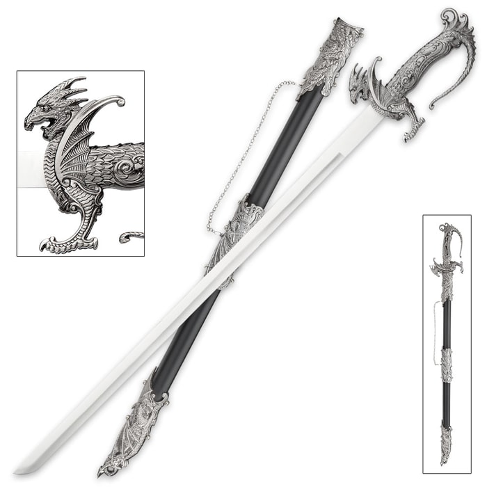 Dreadfire Dragon Decorative Sword And Metal Accented Sheath - Stainless Steel Blade, Satin Finish, Intricate Dragon Shaped Handle - 35 1/4” Length