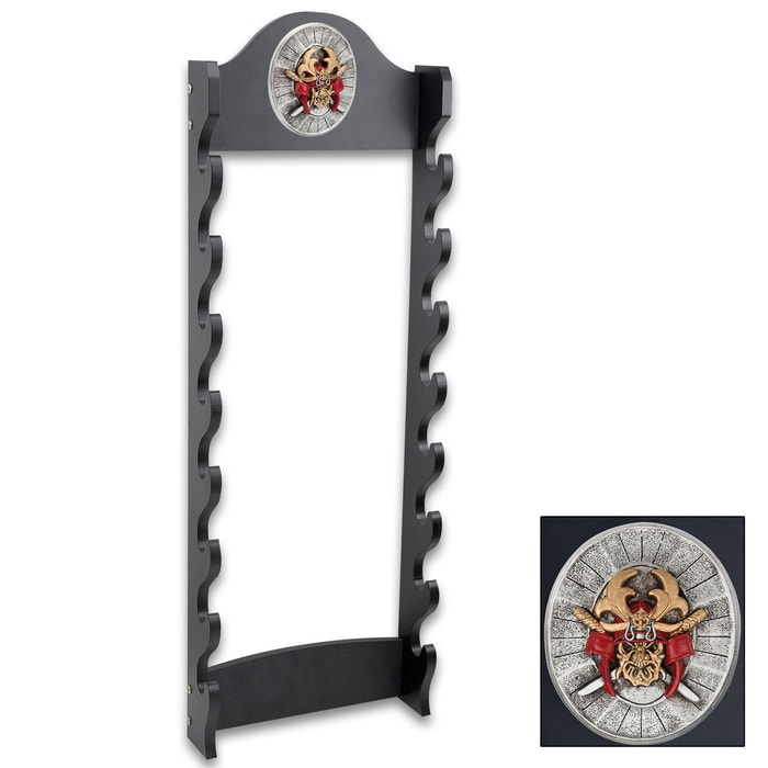 Sword Stand With Medallion - Displays 8 Swords - Sturdy Wooden Construction; Attractive Black Lacquered Finish; Decorative Medallion - 13”x39”