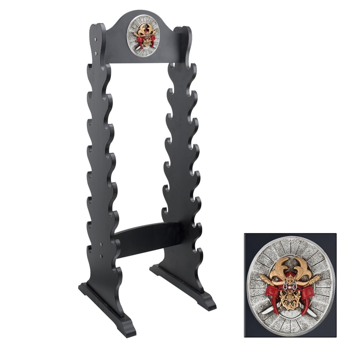 Sword Stand With Medallion - Displays 16 Swords - Sturdy Wooden Construction; Attractive Black Lacquered Finish; Decorative Medallion - 13”x42”