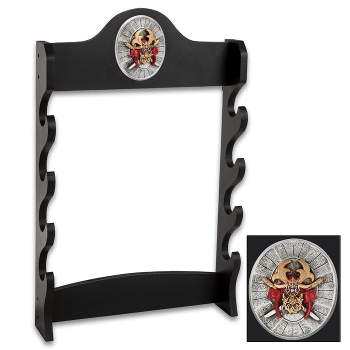Sword Stand With Medallion - Displays 4 Swords - Sturdy Wooden Construction; Attractive Black Lacquered Finish; Decorative Medallion - 7”x20”