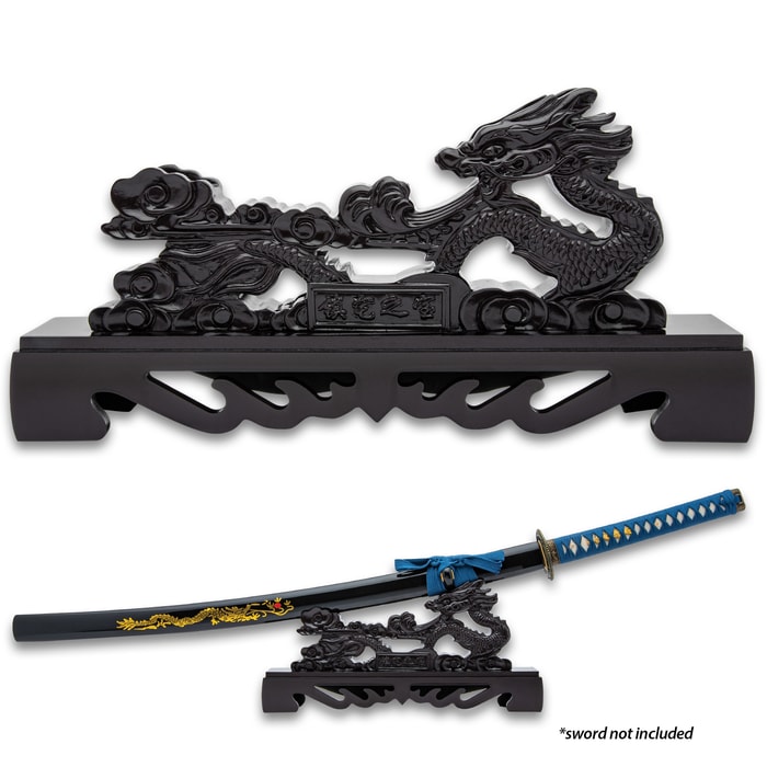 The Chinese Dragon Sword Stand shown with and without a sword displayed