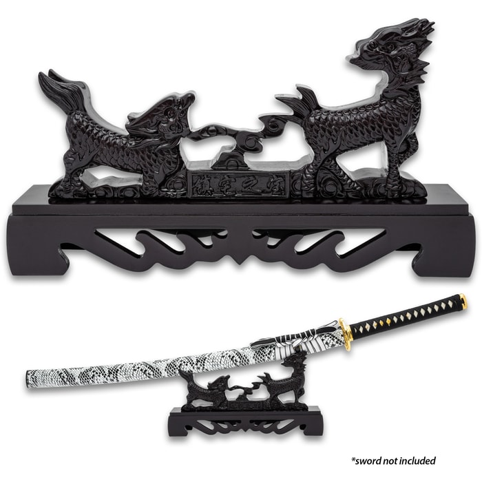 The Qilin Sword Stand shown with and without a sword