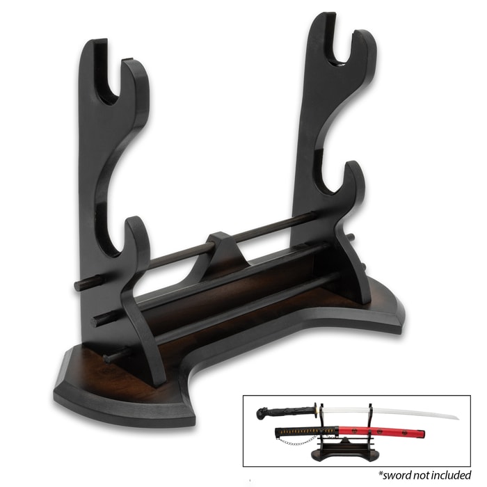 Angled image of the Prestige Wooden Double Sword Stand.