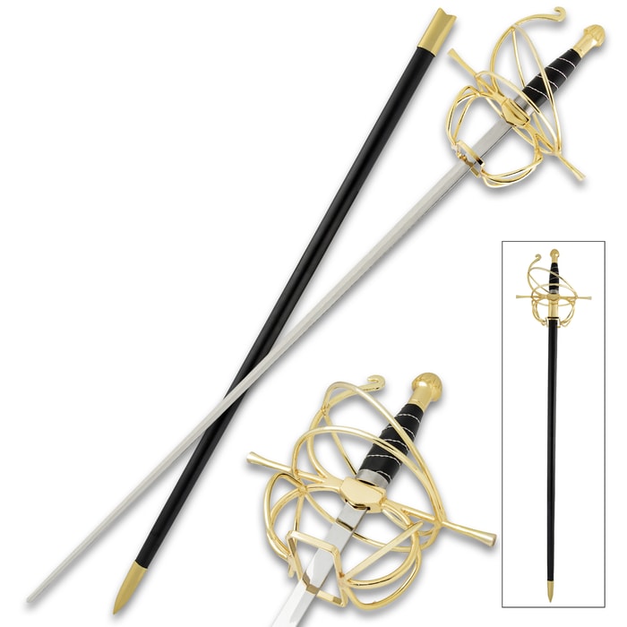 Golden Thorn Rapier with Scabbard and closeup of hand guard.