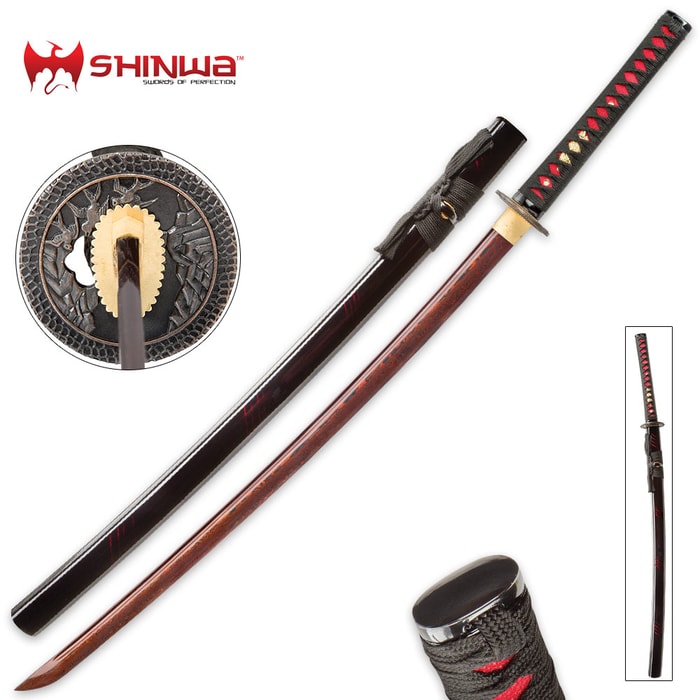 Shinwa Incendiary Handmade Katana Samurai Sword - HellFyre Damascus Steel - Genuine Ray Skin - Ornate Tsuba / Guard Design - Fully Functional, Battle Ready
