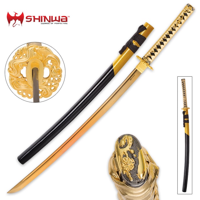 Shinwa Golden Knight Katana Sword with Wooden Scabbard - 1045 High Carbon Steel - Genuine Ray Skin