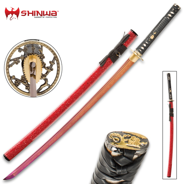 Sword with copper finish steel blade and brass tsuba, tsuka wrapped with black leather ito adjacent to red sparkling saya
