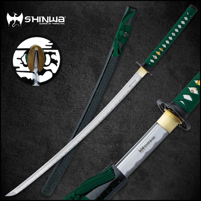 A view of the Shinwa Jade Defender Katana in and out of scabbard