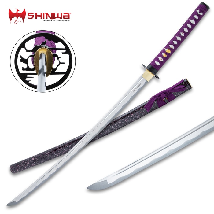 The Shinwa Royal Defender Katana's tsuba, scabbard, blade and full length