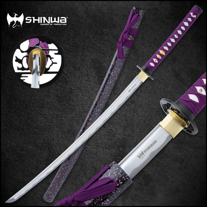 The Shinwa Royal Defender Katana's tsuba, scabbard, blade and full length