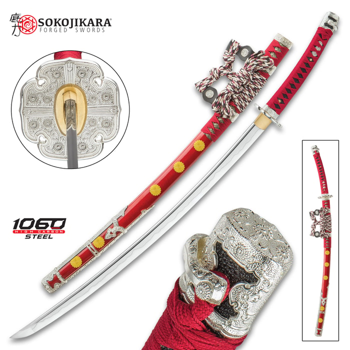 Sokojikara Senzo Handmade Tachi / Samurai Sword - 1060 Carbon Steel, Clay Tempered, Hand Forged, Genuine Rayskin - Red Tachi-Style Saya - Fully Functional, Battle Ready - Full Tang - 41"