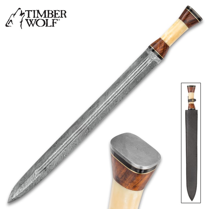 Timber Wolf Anthem Handmade Double Edged Sword - Hand Forged Damascus Steel - Walnut, Camel Bone - Gladius Style Profile - Genuine Leather Belt Scabbard - 30"