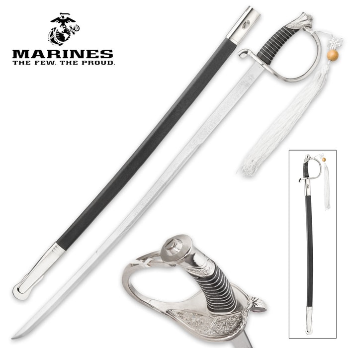 Angles of USMC ceremonial saber stainless steel sword a faux leather scabbard black tpu wire wrapped grip and hilt with metal embossed details
