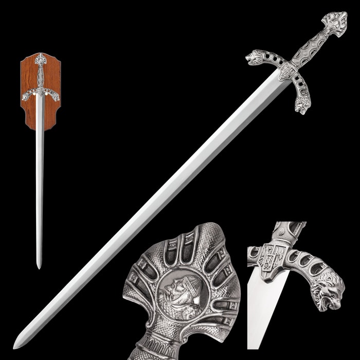 Display Sword with Wooden Plaque Mount - Mirror Polished Stainless Steel, Display Edge - Middle Ages Medieval Longsword; Knight; King Royal Insignia; Lion Head Crossguard - 46"