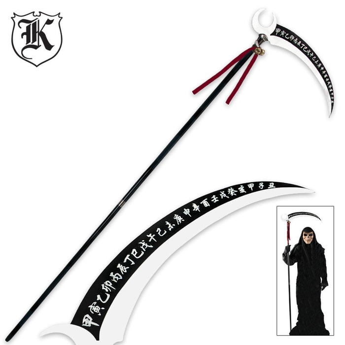 K Exclusive Okami Kakushi scythe shown with red ribbon and bells just beneath the blade and lettering down the blade. 