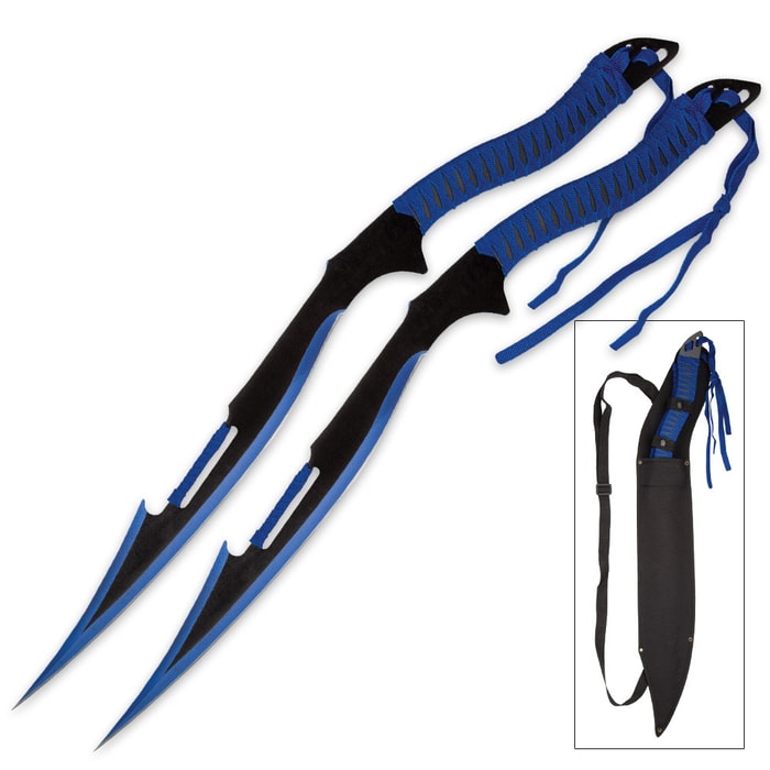 Blue Bombers Twin Sword Set shown with sword laying side by side and inside black shoulder nylon sheath. 
