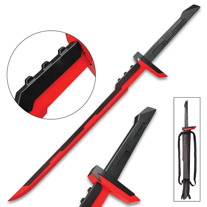 League Of Legends Red And Black Sword And Sheath - Stainless Steel Two-Toned Blade, Metal And Plastic Handle - 39” Length