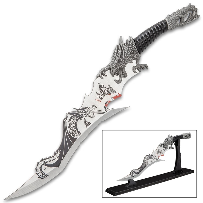 Dragon And Castle Fantasy Knife With Display Stand - Stainless Steel Blade, Painted Dragon Scene, Crafted Metal Handle - Length 12 1/2”