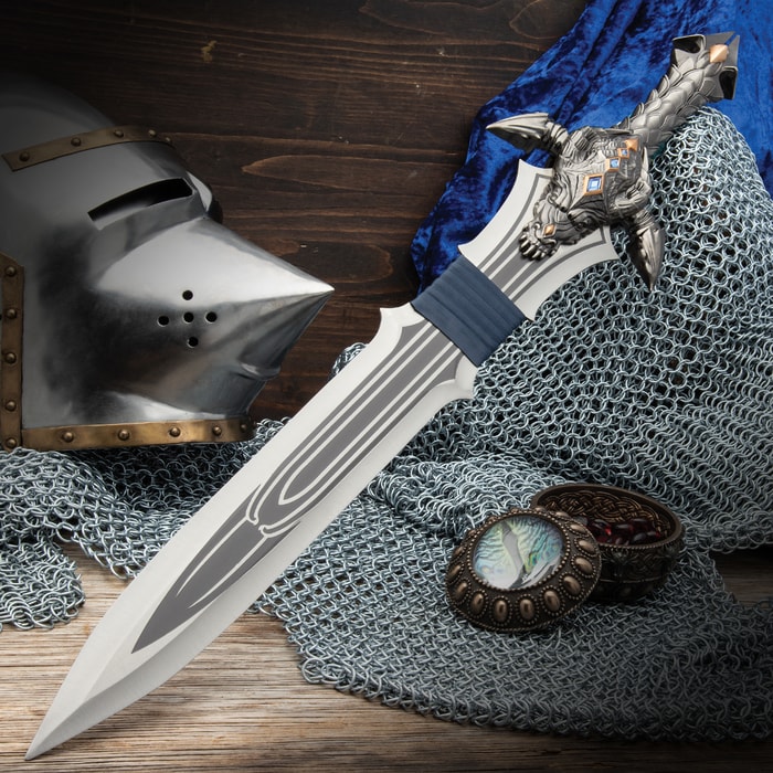 Dragon Slayer Sword - Stainless Steel Blade, Laser-Etched Design, Intricately Crafted Metal Alloy Handle, Faux Jewels - Length 29 1/4”