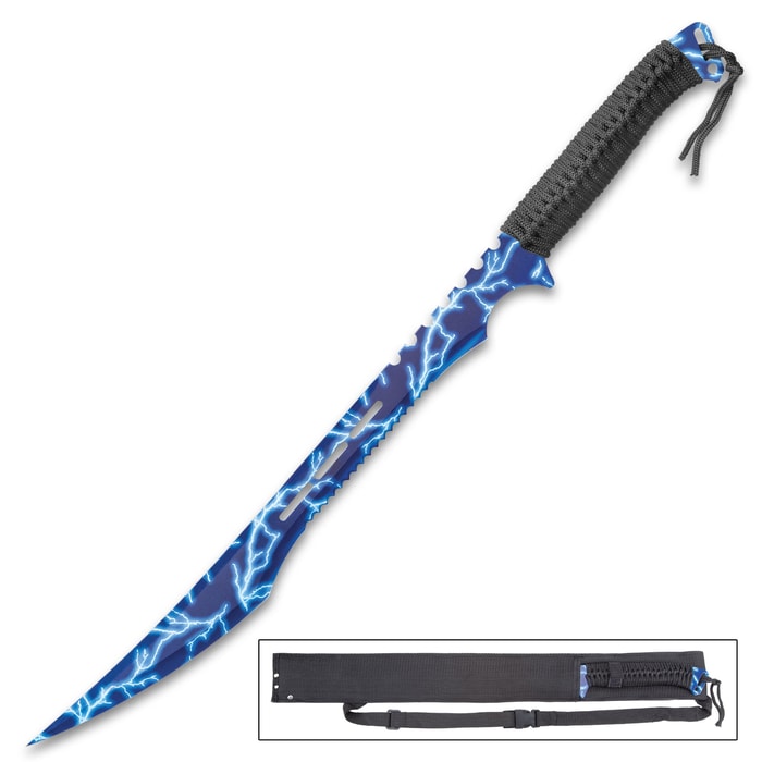 Thunderbolt Tactical Ninja Sword With Sheath - Stainless Steel Construction, Partially Serrated, Cord-Wrapped Handle - Length 27”