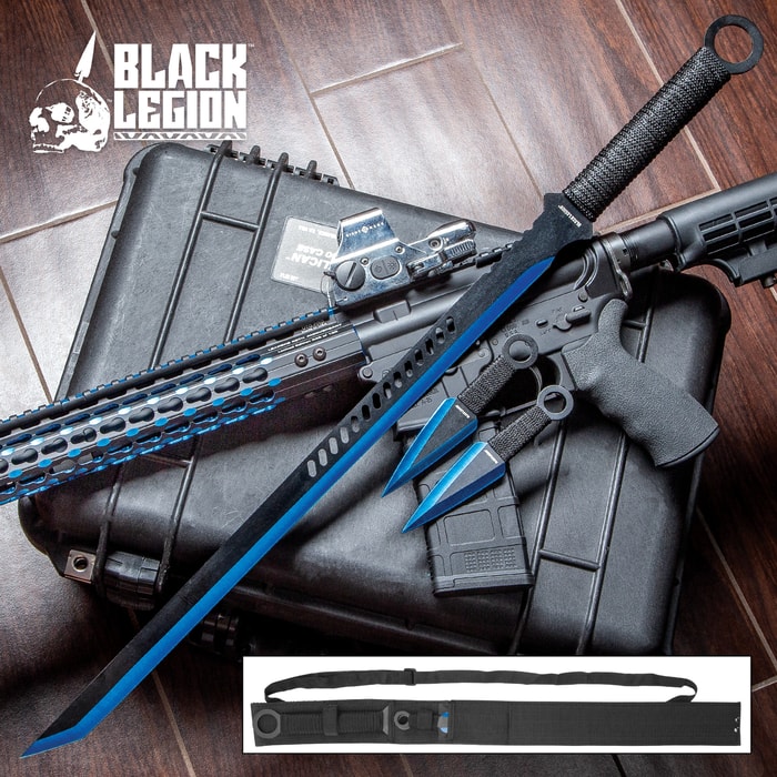 Black Legion Three-Piece Blue Sword and Throwing Knife Set With Nylon Sheath - Rope-Wrapped Handles, Ring Pommels - 28" Sword - 6" Throwing Knives