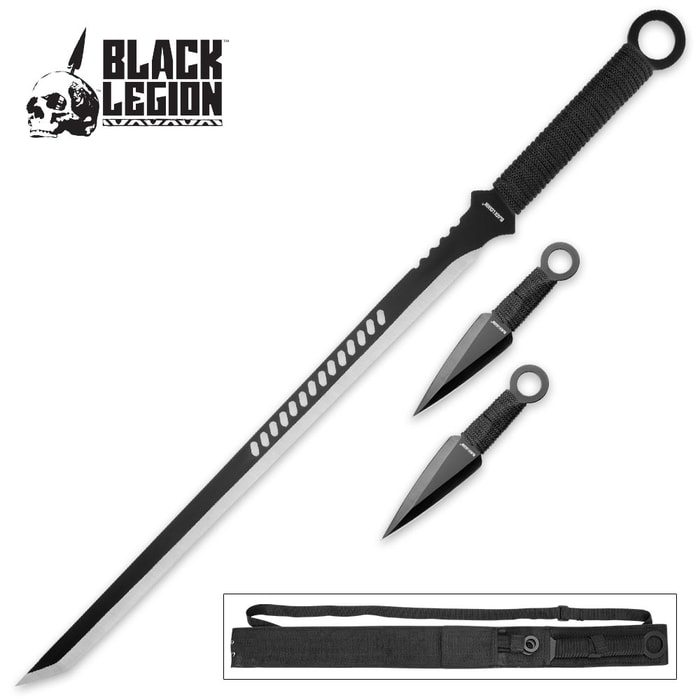 Black Legion 3-Piece Black Sword and Throwing Knife Set with Nylon Sheath