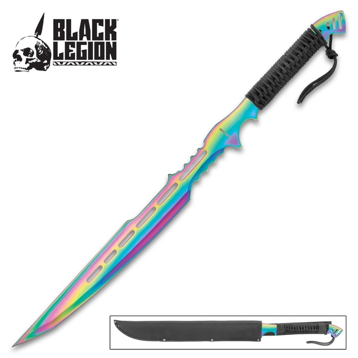 Black Legion Atlantis Fantasy Sword With Sheath - One-Piece Stainless Steel Construction, Rainbow Titanium Coating, Black Cord-Wrap - Length 28”