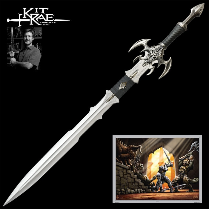 Kit Rae Exotath fantasy sword shown with bat wing guard, spiked pommel design, and “Sword of the Ancients” art print. 