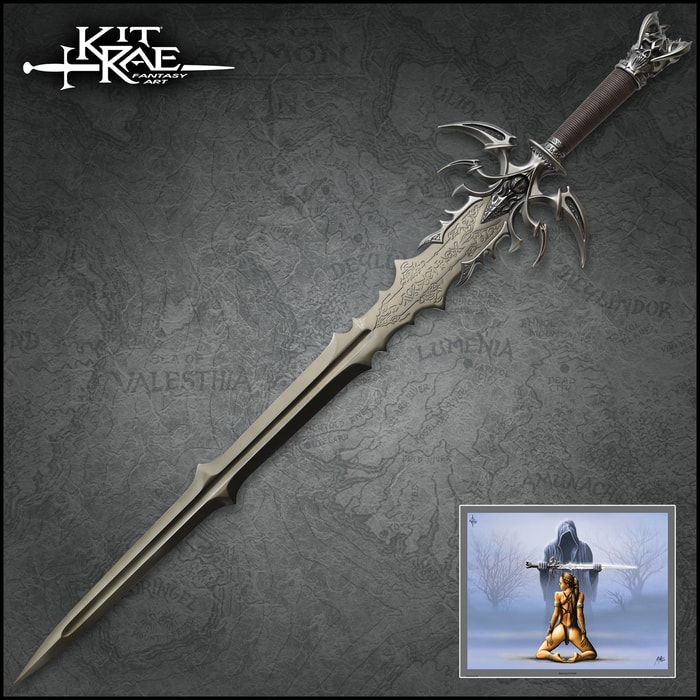 A view of the Kit Rae Vorthelok Sword and its custom art print