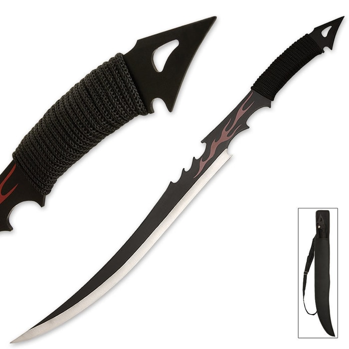 Red Flame Black Sword With Cord Wrapped Handle