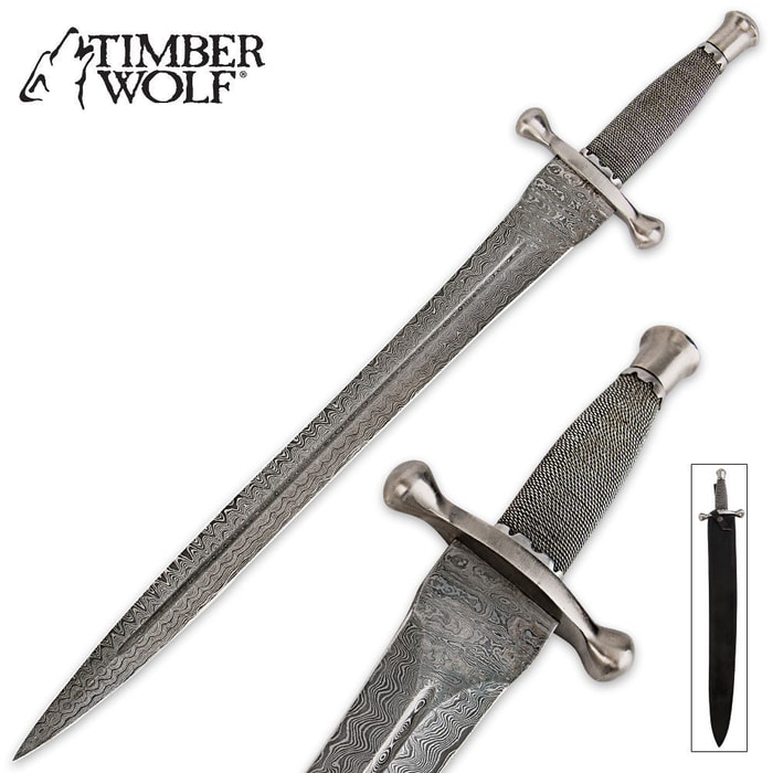 Timber Wolf Wire Wrapped Medieval Fortress Damascus Sword