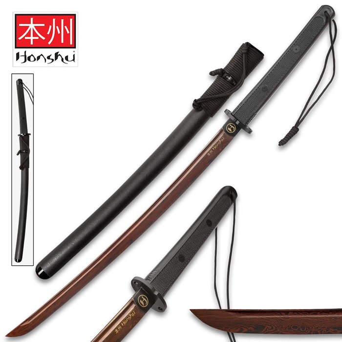 Honshu Evenfall Handmade Wakizashi / Samurai Sword - Exclusive Black Damascus Steel - Modern Tactical Ninja Style - ABS Handle, Checkered Grip, Paracord Lanyard - Saya / Scabbard - Full Tang - 31 1/2"